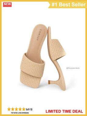Women's Raffia Kitten Heel Sandals Square Toe Slip On Woven